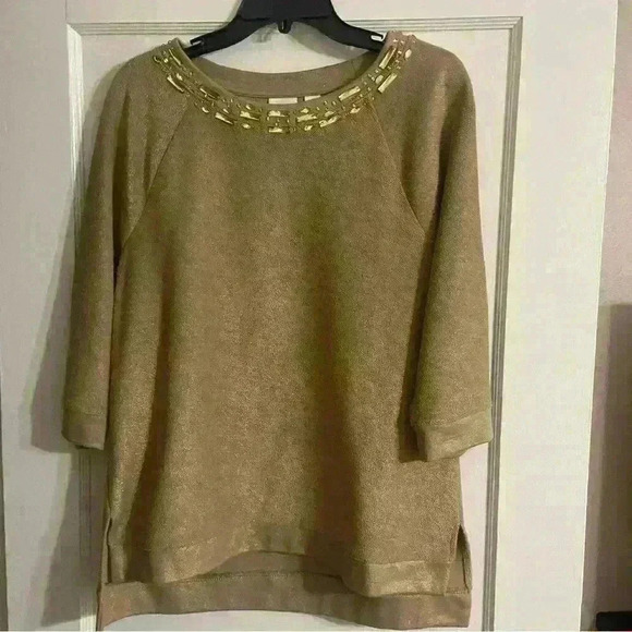 Chico's Gold Metallic Sweater Size 0 Jeweled Neckline 3/4 Sleeve Shimmer Holiday - Picture 8 of 15